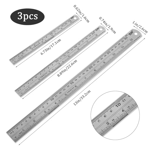 Stainless Steel Ruler Set Metal Straight Edge Ruler 6 Inch 8 Inch 12 Inch Ruler Metal Ruler with Inch and Metric Precision Measuring Drawing Ruler for School, Office, Home