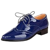 AIMODOR Womens Wingtip Oxford Flat Heel Patent Leather Shoes Pointed Toe Lace Up Pumps 8,Royal Blue
