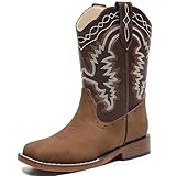 Parrosoo Boys Cowboy Boots Kids Cowgirl Western Boot for Girls Riding Shoes Size 1 Big Kid Square Toe Wide Calf Boy Horse West Clothes Cow Horseback Low Heel Hunting Fashion(8902 Brown Tan 1)