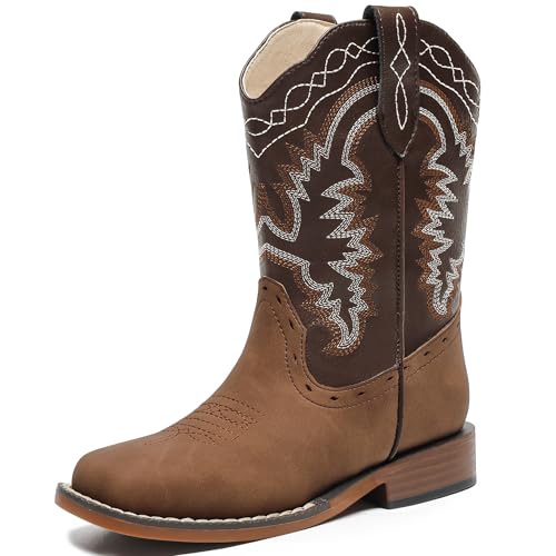 Parrosoo Boys Cowboy Boots Kids Cowgirl Western Boot for Girls Riding Shoes Size 1 Big Kid Square Toe Wide Calf Boy Horse West Clothes Cow Horseback Low Heel Hunting Fashion(8902 Brown Tan 1)