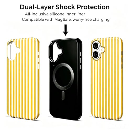 Image of for iPhone 16 Case Cute Phone Case,Compatible with MagSafe,Dual Layer Shockproof Protective Phone Cover,Hard Shell + Silicone Cover,Fashion Design for Women Girls,Striped Yellow