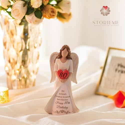 Storieme 80th Birthday Gifts for Women: 80 Years Old Birthday Gift for Woman Friends Mum Grandma - Hand-Painted Angel Figurine for Party Decorations (7.5"/19cm) - Image 3