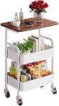 3 Tier Side Table Small End Table Metal Rolling Utility Cart with Storage Shelf, Sofa Table Snack Tray Beside Couch Console Tall Night Stand for Living Room, Bedroom, Kitchen, Office, Bathroom (White)