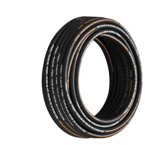 Hydraulic Hose 3/8 Inch x 100 Ft, 4800 PSI Coiled With 2 High-Tensile Steel Wire Braid, Bulk Rubber Flexible Oil Hose -20C to 140C