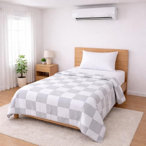 Image of Single Bed Dohar Soft Grey Check | Lightweight Summer Quilt | Soft Microfiber AC Blanket | Breathable All Season Comforter | Skin Friendly Bed Cover