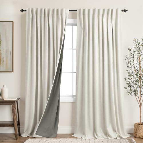 Image of KOUFALL 70x90 Inches Long Cream Beige Back Tab Linen Blackout Curtains for Living Room