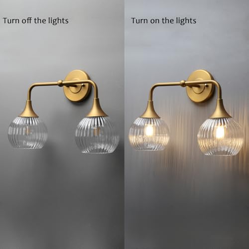 Image of PERMO Wall Sconce Vintage Vanity Light Antique 2 Lights Sconce with Clear Ribbed Globe Glass Shade Antique Brass Gold Double Sconces for Bathroom