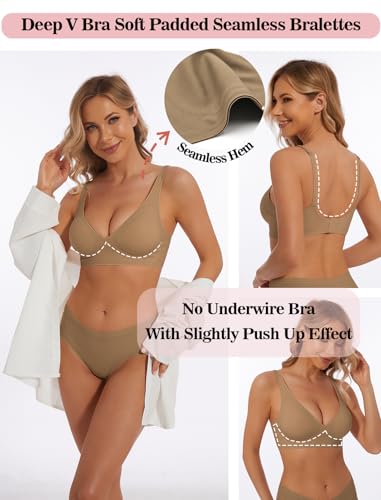 Image of Deep V Bra Wireless Sexy Push Up Bralette Padded Seamless Jelly Bra | Low Cut Plunge V-Neck, Wide Straps, Back Smoothing, Bras for Women No Underwire, Soft Comfortable Bralettes