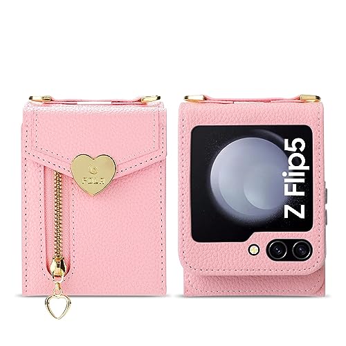 Étui à bandoulière pour Samsung Galaxy Z Flip 5 étui portefeuille porte-cartes rose