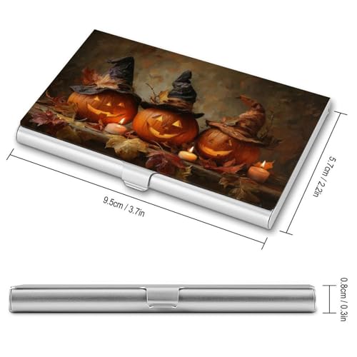 Three Pumpkins Witch Hats Business Card Holder, Pocket Slim Portable Metal Business Card Case for Women Men2