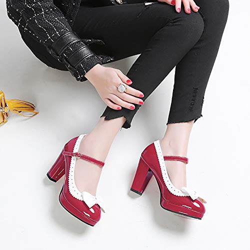 Odema sapato feminino clássico grosso Mary Jane bico redondo fivela tira no tornozelo, Vermelho, 7