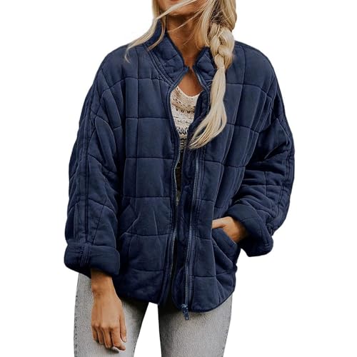 Chaqueta acolchada for mujer, abrigo de invierno ligero y moderno con cremallera, chaqueta de plumón extragrande for mujer.(Navy,XL)