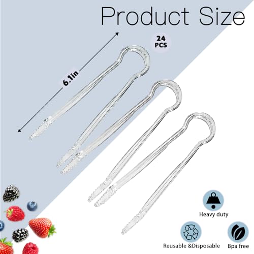 24 Pcs Mini Tongs for Serving - 6.3 Inch Small Plastic Serving Tongs for Appetizers - Disposable Serving Utensils for Party, Buffet & Wedding - BPA-Free & Non-Slip Grip for Fruits, Candy, Desserts
