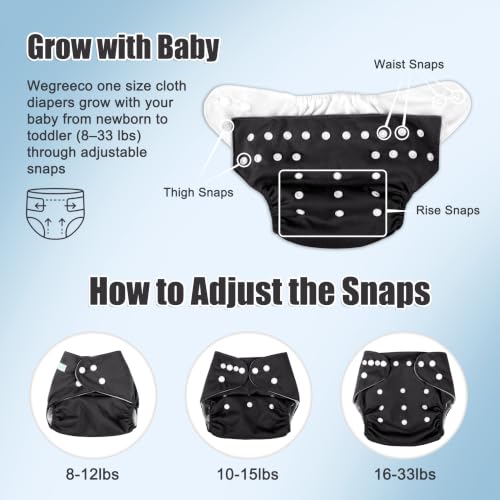 Image of wegreeco Cloth Diapers 6 Pack with 6 Inserts & 1 Wet Bag, Washable Cloth Diapers for Babies, One Size Adjustable Reusable (Black)
