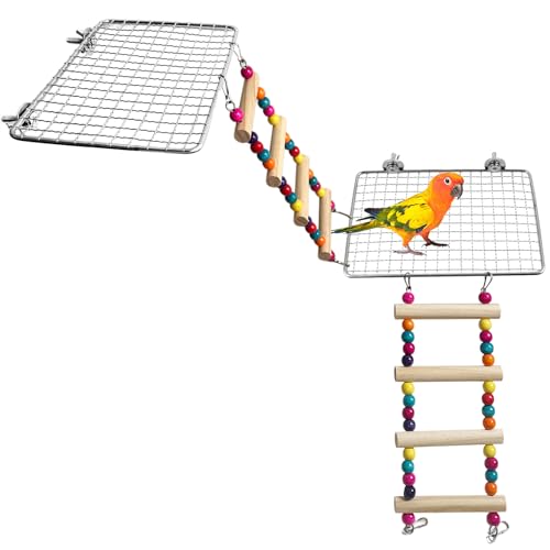 Parrot Climbing Playground Set, Stainless Steel and Wood, 2 Mesh Platforms and 2 Ladders, Modular Multi Cage Accessory for Small Parrots