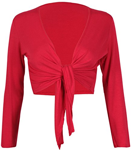 Tie Knot Up Shrug Front Cropped Bolero Shrugs Cardigan Wrap Women's Ladies Long Full Sleeve Open Top RED-M/L