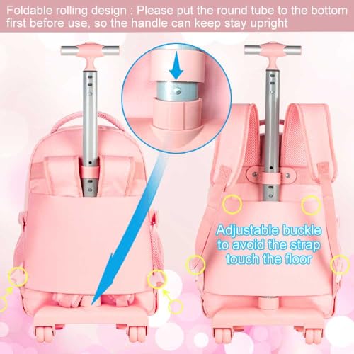3PCS Rolling Backpack for Girls, Women Wheeled Bookbag with Lunch Box for Adults, Kids Water Resistant Roller School Bag for Teens Travel - Pink2