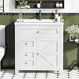 JUMMICO 30'' Bathroom Vanity with Single Sink Combo, Freestanding Modern Bathroom Sink Cabinet, 2 Drawers & 1 Flip-Down Drawer＆1 Door with Side Storage (White)