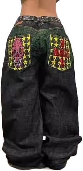 Men's and Women's Y2K Hip-hop Street Jeans Skeleton Print Gothic Loose Jeans Retro high Waisted Denim Wide Leg Pants