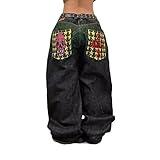 Unisex Y2K Hip Hop Street Jeans Skeleton Printed Gothic Baggy Jeans Vintage High Waist Denim Jeans Wide Leg Pants (Black,S,Small)
