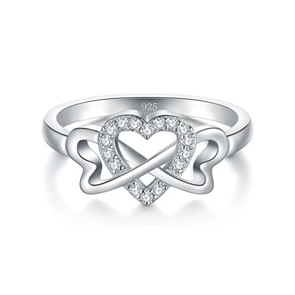 BORUO-925-Sterling-Silver-Ring-High-Polish-Cubic-Zirconia-Infinity-and-Heart-Tarnish-Resistant-Comfort-Fit-Ring BORUO Love Heart Eternity Band-925 Sterling Silver Rings for Women-Platinum Plated Over Sterling Silver Wedding Band- Promise Rings For Her-Silver Rings For Women, 2mm, Size 7