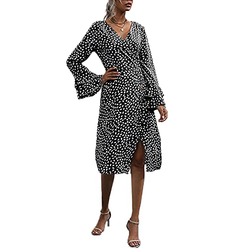 BDCUYAHSKL Mode FéMinine DéContractéE à Col en V Imprimé Boutons Corne à Manches Longues Robe Mince avec Ourlet Fendu Cover