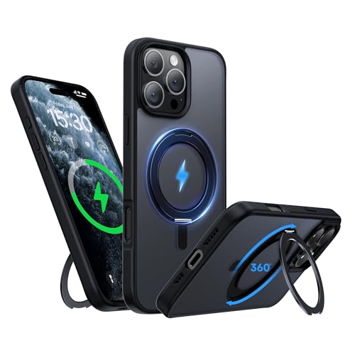 Niunisi Standaard voor iPhone 16 Pro hoesje, compatibel met Mag Safe, 360° draaibare ringhouder standaard, militair schokbestendig beschermhoesje voor iPhone 16 Pro 6,3 inch, zwart