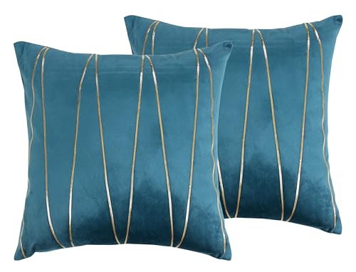 Image of Amazon Brand - Umi Gold Leather Striped Pack of 2 Throw Pillow Covers Velvet Decorative Cushion Covers Cases for Sofa Bedroom Livingroom Car 20 x 20 in Deep Teal Color