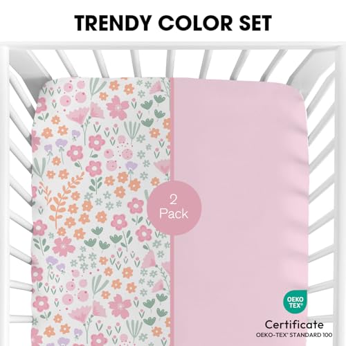 Image of Little Grape Land Crib Sheets 2 Pack, Microfiber Fitted Crib Sheet for Standard Crib Mattress 52 inchx28 inchx8 inch, Soft and Neutral Baby Crib Sheets for Boys and Girls, Breathable & Easy Care, Pink Petal