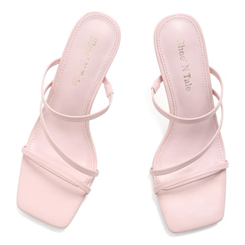 Image of Shoe'N Tale Strappy Kitten Heels For Women Stiletto Mules Square Open Toe Slip On Sandals
