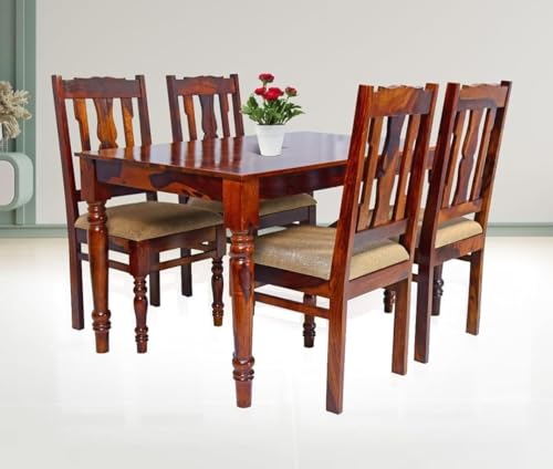 Image of Sheesham Wood 4-Seater Dining Table Set with Cushioned Chairs | Solid Wooden Furniture for Home & Kitchen (Maple, 4 Seater)