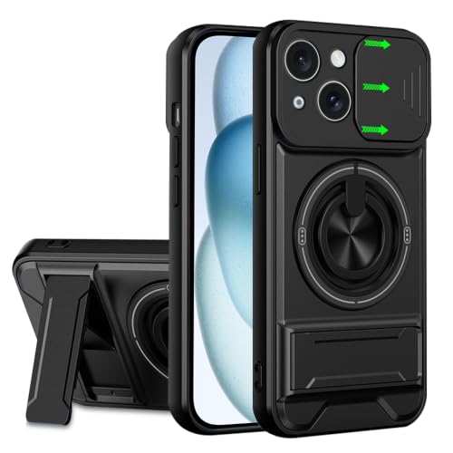 Image of AESTMO iPhone 15 Back Cover | Armor Camera Slider 360 Degree Rotating Finger Ring Holder Case with Bracket Stand Back Case Cover (Compatible with MagSafe Accessories) (Black)