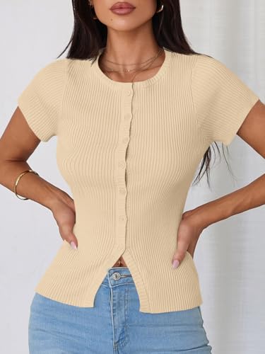 Image of Imily Bela Womens Short Sleeve Y2K Summer Tops Button Down Tshirt Ribbed Knit Slim Fit Sweater Cropped Cardigan