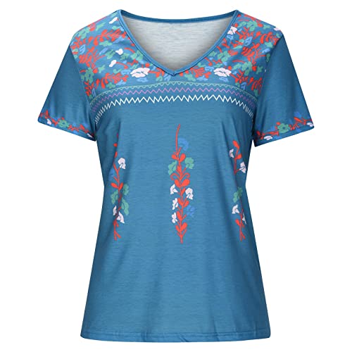 Ceboyel Mexican Shirts For Women Embroidered Peasant Blouses Top V Neck Short Sleeve T Shirts Vintage Bohemian Boho Clothes #TOP4