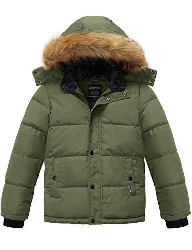 Wantdo Little Kids Boy's Waterproof Winter Coat Breathable Puffer Jacket Soft Outerwear Fur Hood Army Green 8 #TOP22