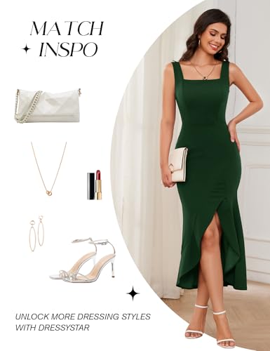 Image of Dressystar 2026 Women's Square Neck Bodycon Sleeveless Cocktail Dresses | wedding guest dresses for women, midi length, formal party dress, soft breathable stretchy material, slit ruffle hem design