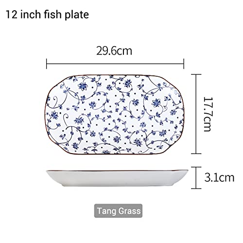 Gegong 12 Inch Fish Plate Blue And White Porcelain Dish Serving Plate Floral Dinner Shallow Plate Appetizer Salad Dessert Snack Plate (Tang Grass) #TOP1
