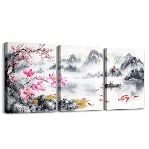 Manfei Lienzo de estilo retro, diseño de pez koi rojo, flor de cerezo, loto, impresión de decoración de pared, obras de arte para el hogar, sala de estar, dormitorio, pintura de tinta china, pósteres