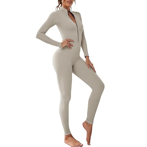 Paffartt Mono Deportivo Largo con Cremallera para Mujeres Mono de Yoga de Una Sola Pieza Sexy con Mangas Largas Cuello de Tortuga Profundo V Ropa Deportiva Acanalada para Hacer Ejercicio.