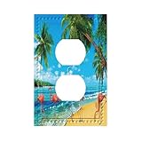 Ocean Tropical Beach 1 Gang Outlet Covers Duplex Receptacle Wall Plate Electrical Faceplate Switchplates Funny Pink Flamingos Coastal Sea Blue Sky Summer Hawaii Green Palms Tree Natural Sea View Decor