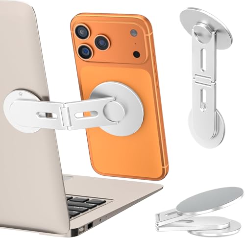 Image of RIGGEAR Magnetic Phone Mount for Laptop /Monitor /Floating Car Screen, Mobile Holder Compatible with Magsafe for MacBook, Foldable Adjustable Mount, Works with All Phones Using Included Ring(Silver)