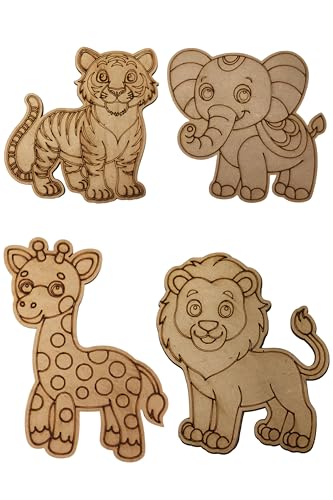 Image of Nyaara Combo of Wooden Elephant, Tiger, Giraffe and Lion Paint Kit, DIY Arts and Crafts for Kids | Color Painting Kit | Wooden Craft | Birthday Return Gift
