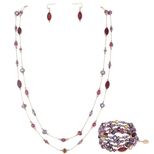 Coiris Earring and Necklace Set for Women 2 Layer Beaded Long Collar Statement Strand Necklace Fashion Trendy Dangle Earrings Boho Jewelry Sets for Women (ST0011-Purple)