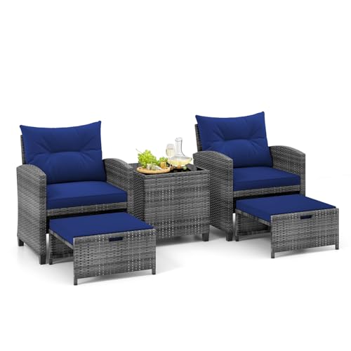 Image of COSTWAY 5-Piece Rattan Garden Furniture Set, Patio Conversation Set with 2 Chairs, 2 Stools, Glass Top Coffee Table and Thick Cushions, Balcony Wicker Weave Outdoor Sofa Seating (Navy+Mix Grey)