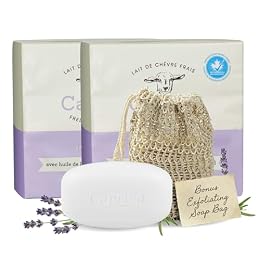 Caprina by Canus Goat Milk Soap Bar, LAVENDER OIL, 3.2 oz (90 g) Bars, 6-Pack, Moisturizing Daily Cleanser for Face, Hands & Body, Fresh Canadian Goat Milk + Exfoliating Mesh Pouch