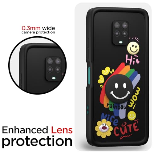 Image of Pikkme Back Cover for Redmi Note 9 Pro /Note 9 Pro Max /Poco M2 Pro /Note 10 Lite | Soft Silicone| Cute Rainbow Smile & 3D Cartoon Flower Design | Shockproof Raised Camera Protection Bumper Case (Black)