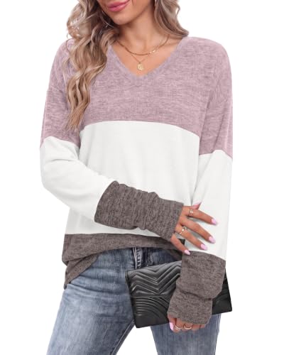 AUSELILY Langarmshirt Damen Colorblock Herbst Pullover V Ausschnitt Tops