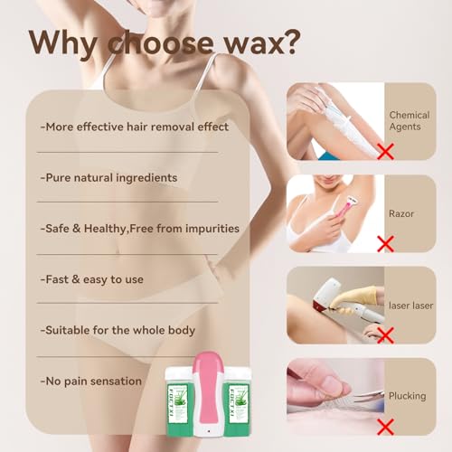 Image of Roll On Wax kit, Wax Roller Kit for Hair Removal, Waxing Kit for Women All Skin Types with Wax Warmer, 2 Aloe Vera Wax Cartridge, 100 Non-Woven Wax Strips & 10 Wipes