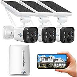Hiseeu Kit de Cámara Vigilancia WiFi Exterior Solar con Batería Recargable, 3 Cámaras Kit de Seguridad con Estación de Base, Sistema de Vigilancia Visión Nocturna, IP66, Compatible con Alexa