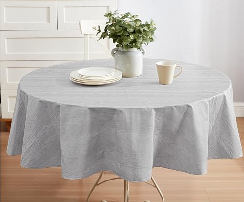 Newbridge Vinyl Flannel Backed Tablecloth, 70 inch Round, Grey Moire Wavy Solid Design, Heavyweight Indoor Outdoor Waterproof Table Cover, Easy Care Wipe Clean by Newbridge - Used condition - US$11.42